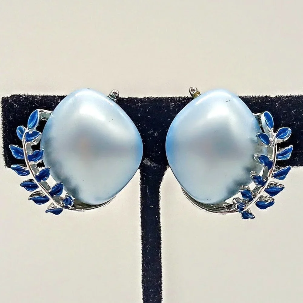 Vintage Blue Mabe Pearl & Enamel Leaf Silver Finish Clip Earrings